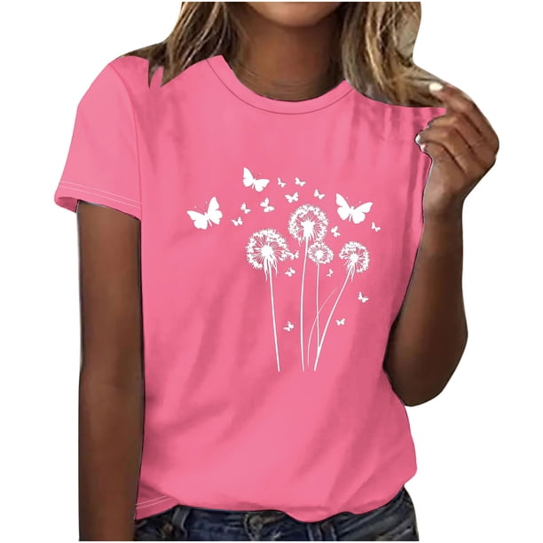 Tops de Manga Corta de Algodón para Mujeres, Moda Impresa Cuello Redondo Blusa Casual para el Hogar Y el Uso Diario