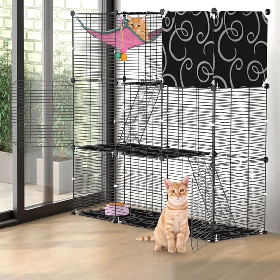 PUPIX 3 Tier Cat Cage Enclosure Indoor Cat Playpen with Hammock Ladder Toy Ball Heavy Duty Iron Wire Cat Kennel Crate for 1-2 Cats Ferret Rabbit Chinchilla Small Animals