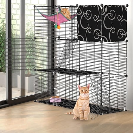 PUPIX 3 Tier Cat Cage Enclosure Indoor Cat Playpen with Hammock Ladder Toy Ball Heavy Duty Iron Wire Cat Kennel Crate for 1-2 Cats Ferret Rabbit Chinchilla Small Animals