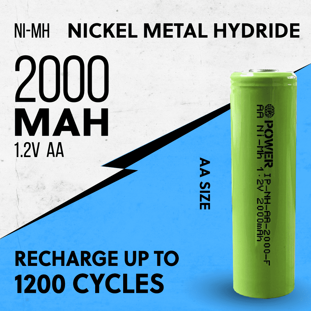 IP POWER NiMh Nickel Metal Hydride AA 1.2V 2000mAh Rechargeable Flat Top Battery (No Tabs) - 12 Pack