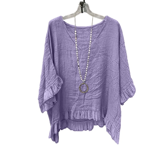 hlysgo Women's Batwing Sleeve Tunic Tops V Neck Double Ruffle Trim Boho Blouse Casual Loungewear Home Vacation Shirts Purple,XL