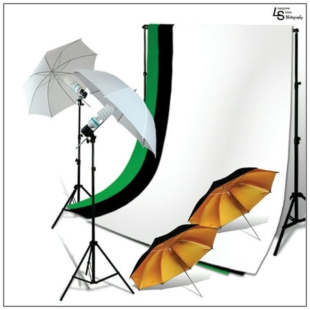 2x 45W Lighting Kit with 2x Black/Gold Umbrellas, 2x White Umbrellas, 2x Stands, 3x Muslins, & Backdrop Support by Loadstone Studio