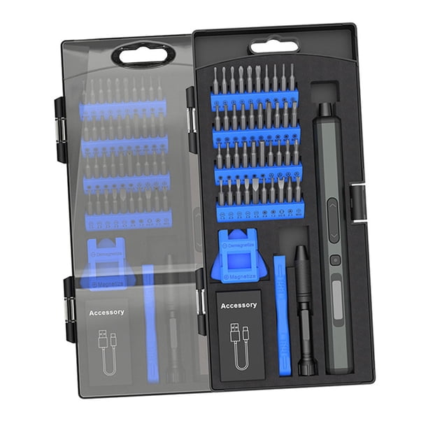 Mini juego de destornilladores eléctricos, juego de destornilladores pequeños con luces LED, reparación de trabajo Azul