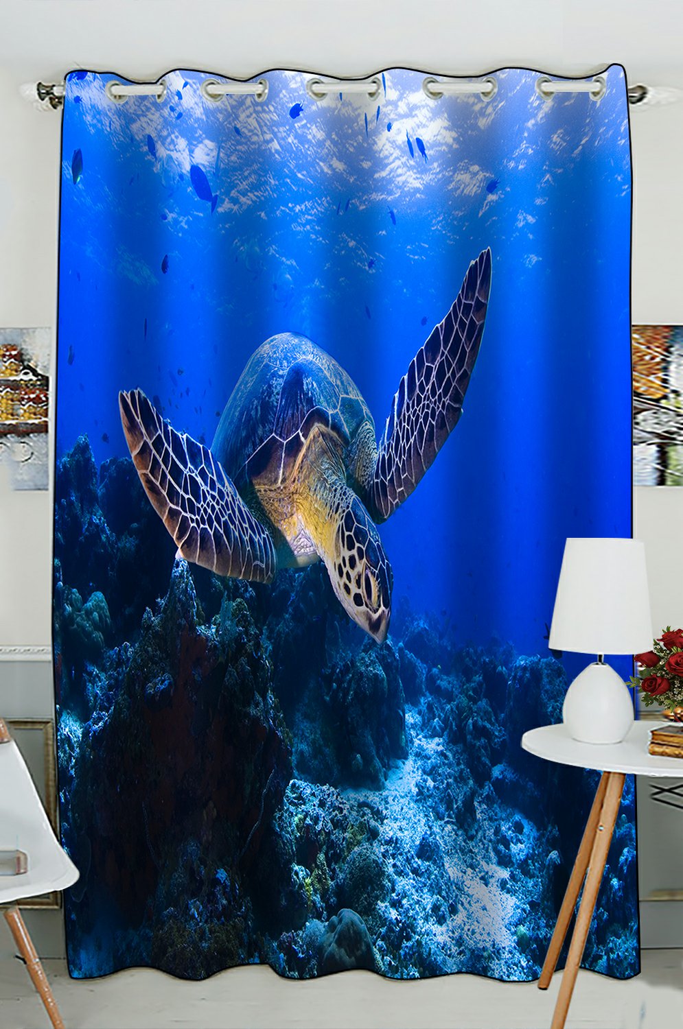PHFZK Underwater Window Curtain, Sea Turtle and Coral Reef Window