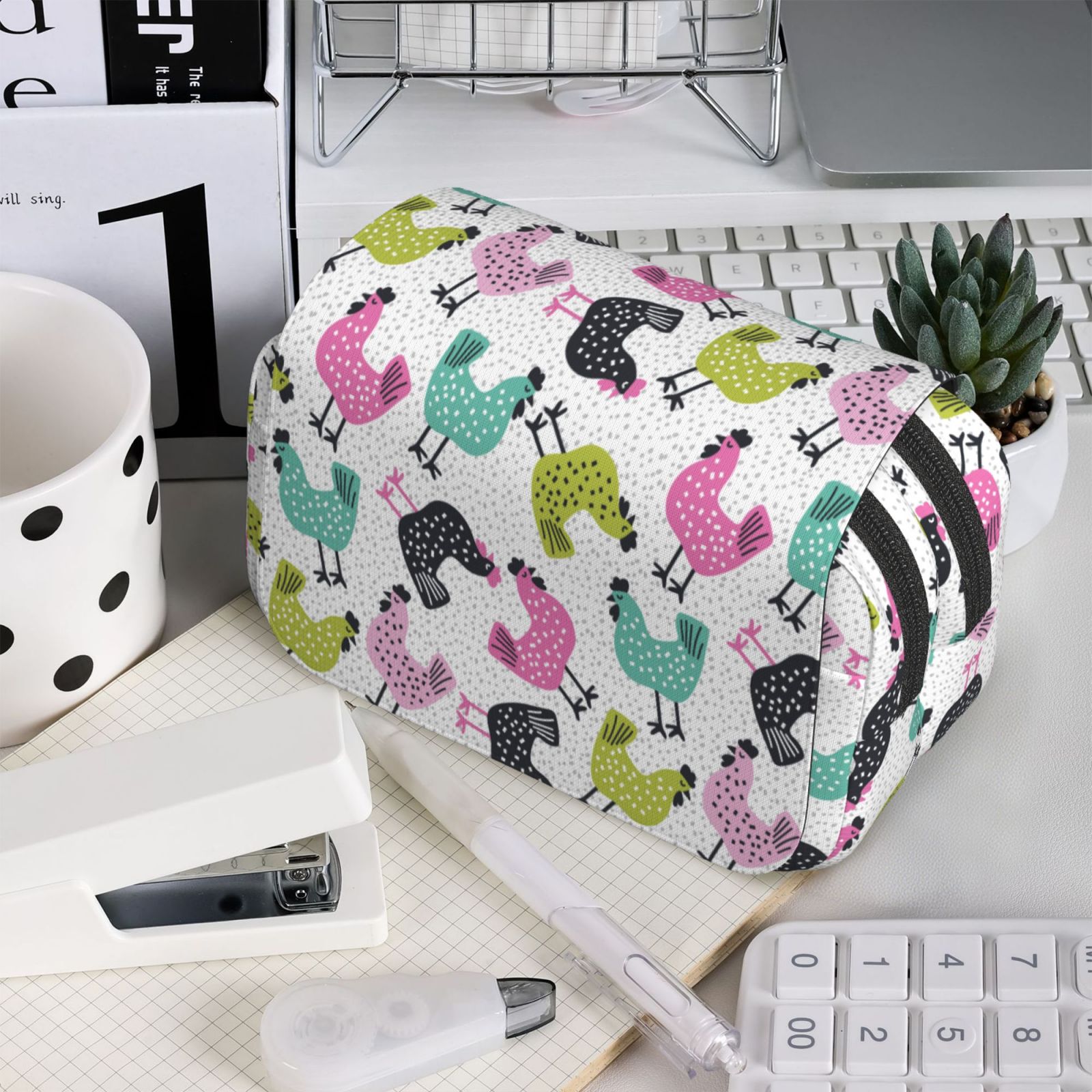 Rateoe Funny Chicken Pattern Double Clamshell Pen Case, Storage Organizer with Two Zipper Compartments– Holds Up to 50 Pencils & Pens