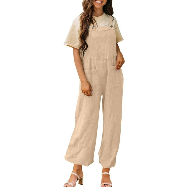 cfhntfmh Overalls for Women with Pockets Sleeveless Adjustable Strap Jumpsuit Loose Wide Leg Long Pants Rompers