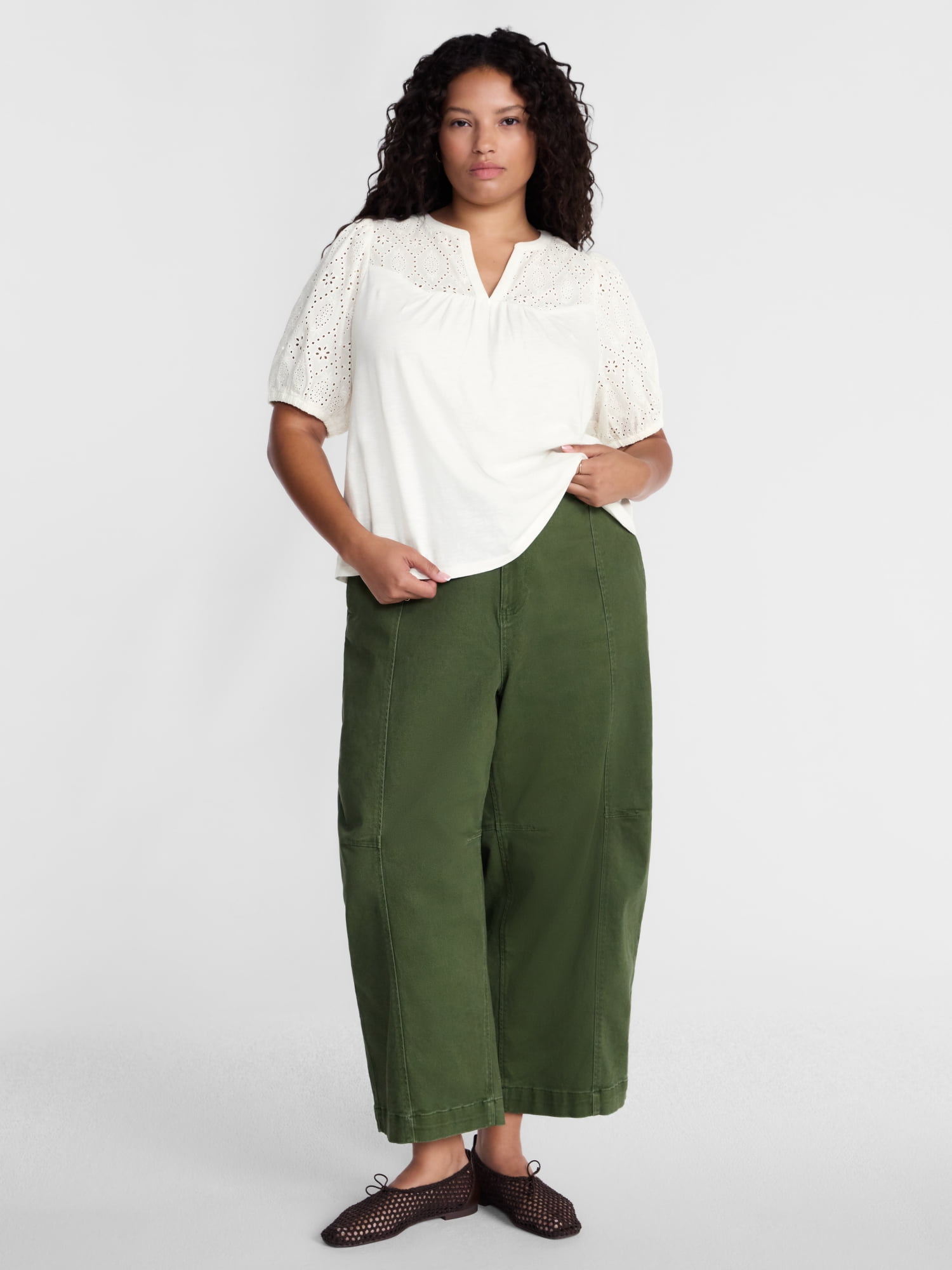 Terra & Sky Women's Plus Eyelet Yoke Top with Short Puff Sleeves, Sizes 0X-5X