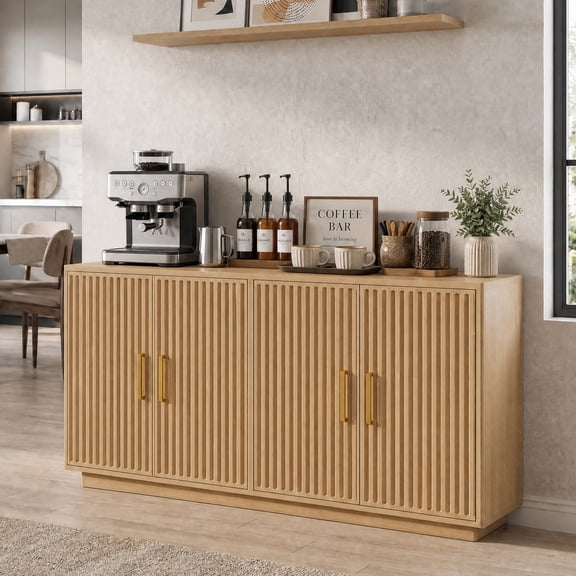 Buffet Cabinet, PAPROOS Modern Coffee Bar Station with Adjustable Shelves, Tufted Accent Sideboards and Credenzas Cabinet, for Dining Room, Living Room, Natural