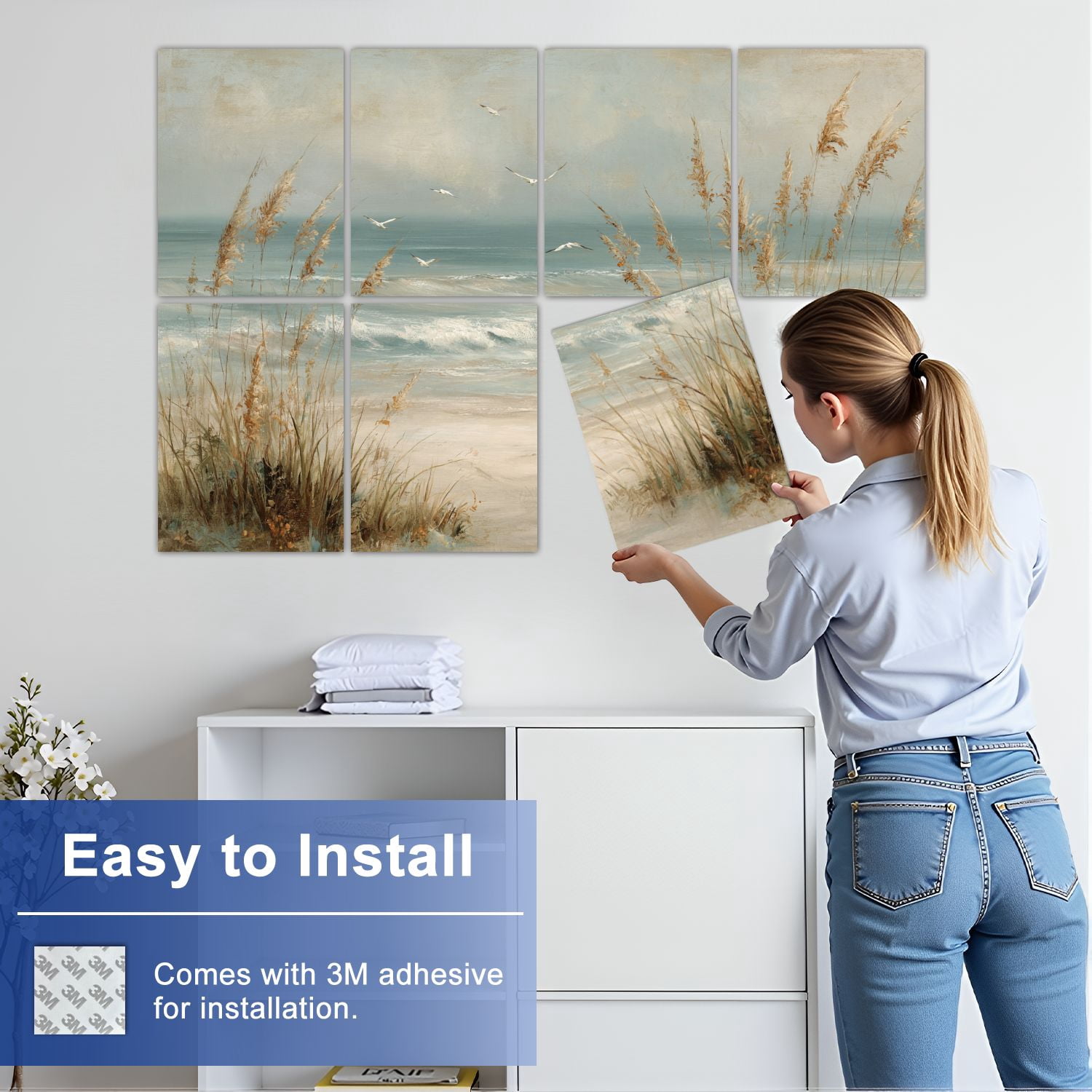 Coastal 8 Pack Art Acoustic Panels Sound Absorbing Serene Ocean Shore Dunes Seagulls Decorative Soundproof Wall Panels Self Adhesive for Nursery Game Room Bedroom 48"x32"
