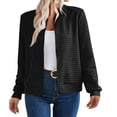 thumbnail image 2 of Women's Waffle Texture Zip Up Jacket, Long Sleeve Lightweight Cardigan, Casual Loose Fit Sweatshirt, Soft Fall Fashion Top, Breathable Open Front Coat, Comfortable Layering Piece Black L, 2 of 8