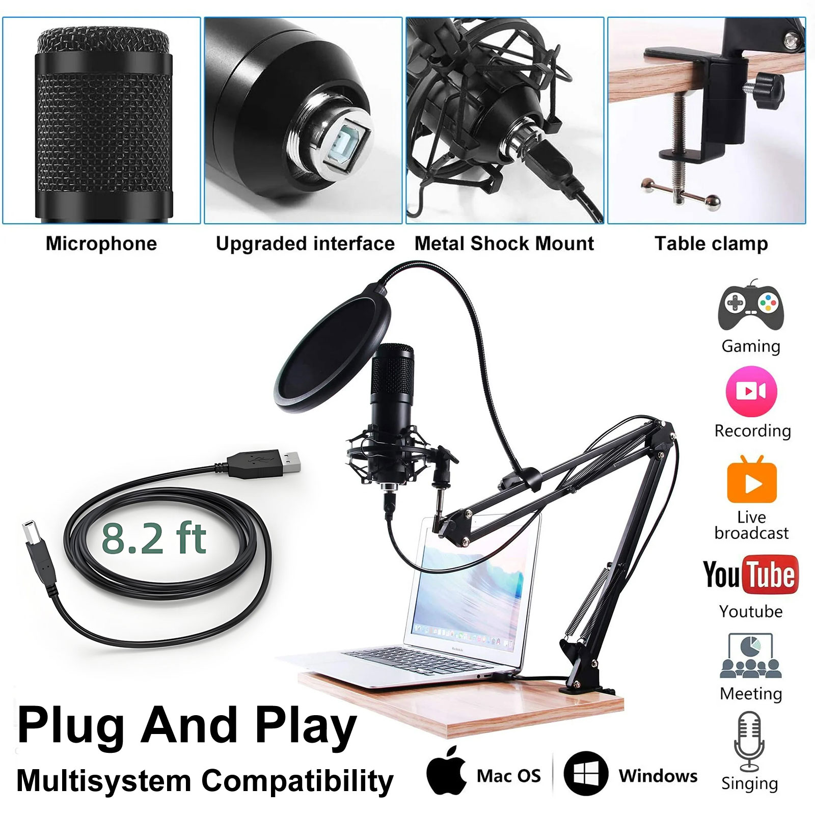 Syenll USB Microphone, PC Podcast Microphone Kit with Arm Stand, Professional Condenser Mic for Recording, YouTube