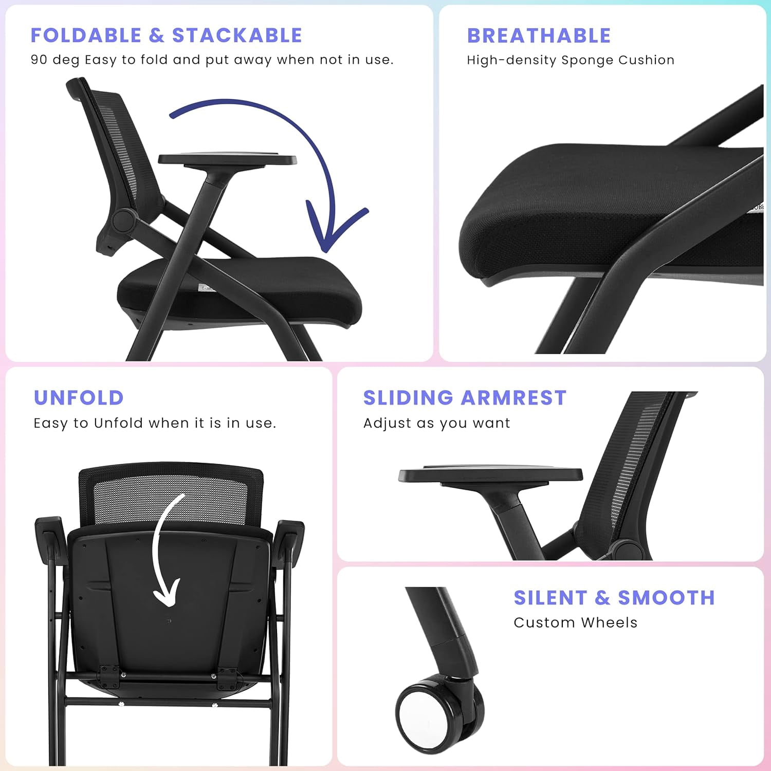 2 Pack Folding Office Chair Stackable Conference Room Chairs with Wheels and Padded Mesh Back Ergonomic for Reception Meeting