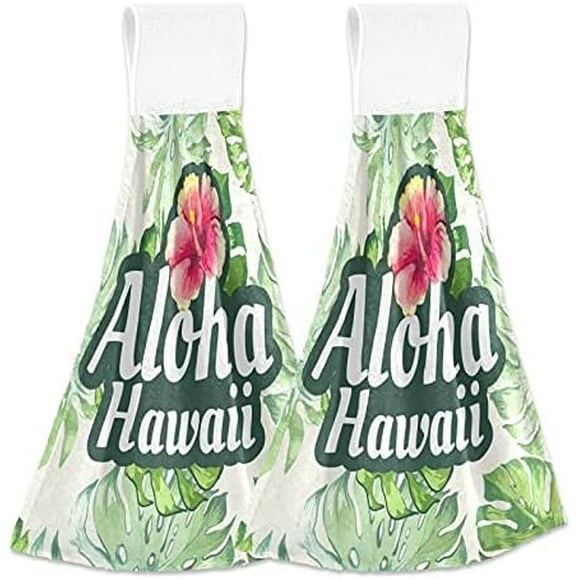 shiyou-2PCS Tropical Leaves Hawaii Kitchen Hand Towels Summer Aloha Hanging Towel Dishcloths with Loop, Soft Super Absorbent Fingertip Towel for Bathroom Washroom Guestroom Hotel 12x17 INES