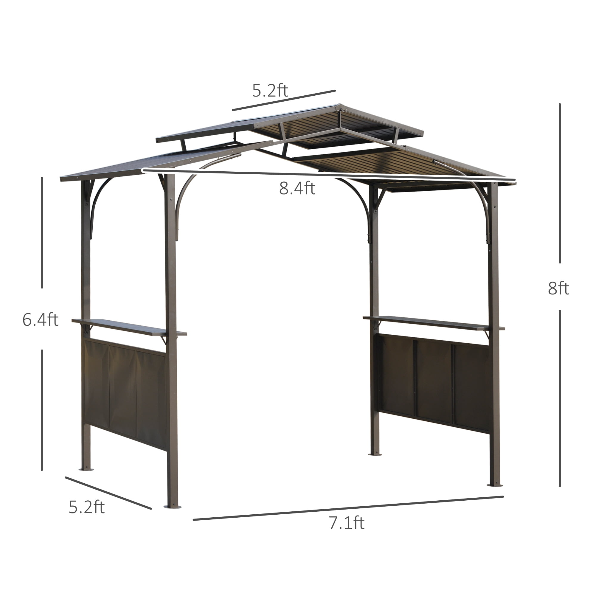 Outsunny 8'x5' BBQ Grill Gazebo with 2 Side Shelves, Outdoor Double Tiered Interlaced Polycarbonate Roof with Steel Frame, Brown