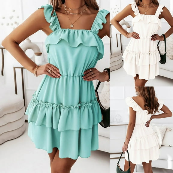 Clearance Items! Wedding Guest Dresses for Women,Women Fashion Summer Solid Color Sling Sleeveless Double Layer Ruffles Slip Dress,Elegant & Breezy for Evening & Day Events