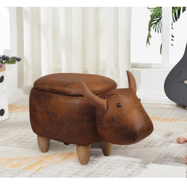 Cow Shape Ottoman Footstool - Wooden Animal Stool For Living Room & Bedroom