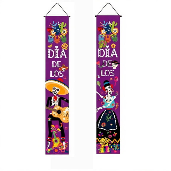 2PCS Day of The Dead Porch Sign Door Banner, Mexican Dia De Muertos Decor Banner for Fiesta Party, Outdoor Front Door & Wall Hanging Decor Ornaments