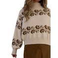thumbnail image 3 of Women'S Vintage Floral Jacquard Sweater, Mock Neck Loose Knit Pullover Top, Long Sleeve Warm Fall Jumper Khaki S, 3 of 9