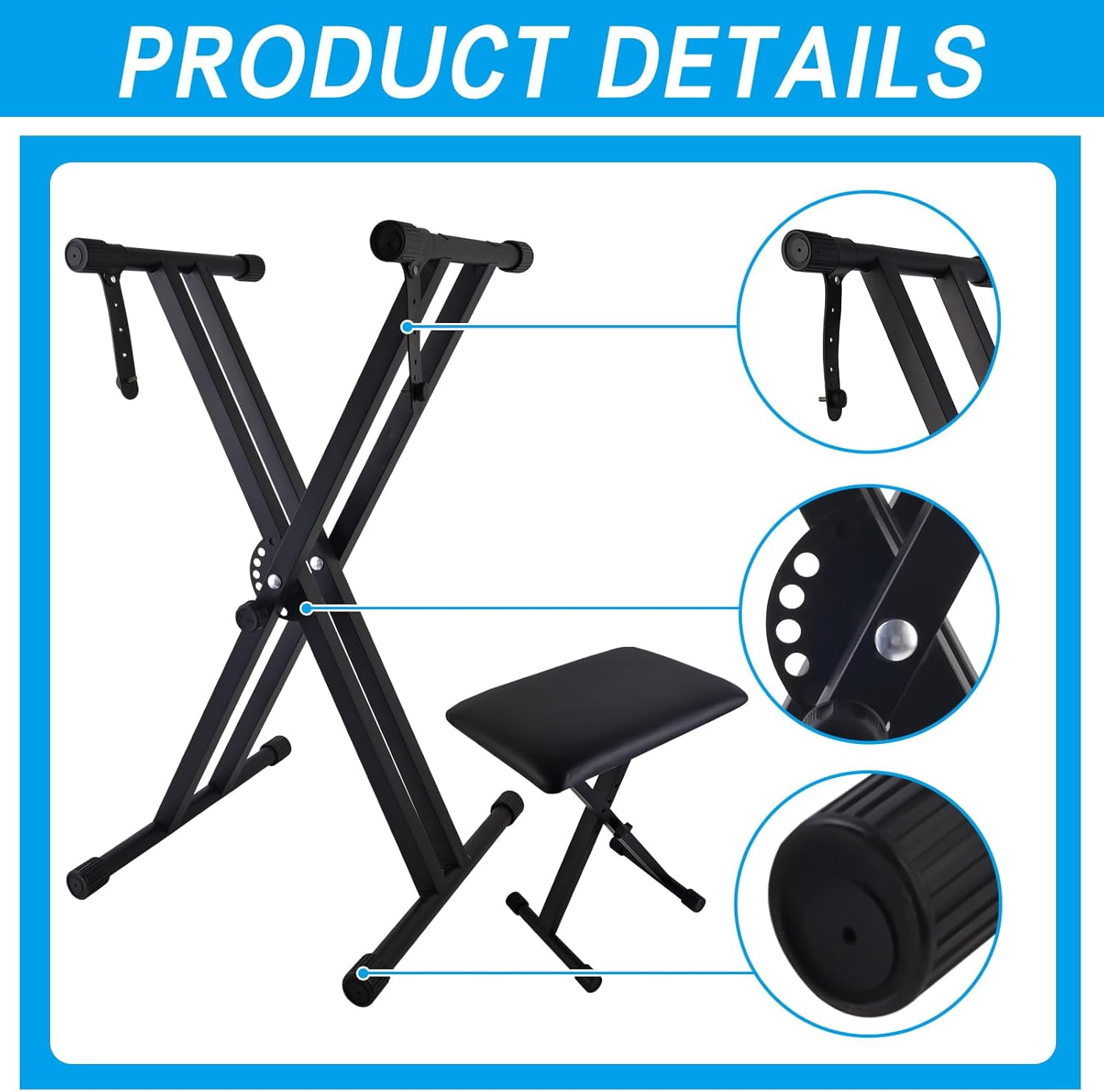 Piano Keyboard Stand and Bench Set, Double-X Keyboard Stand Adjustable Digital Piano Stand with Lockable Straps, (Piano Keyboard Stand x 1, Piano Bench x 1), Black