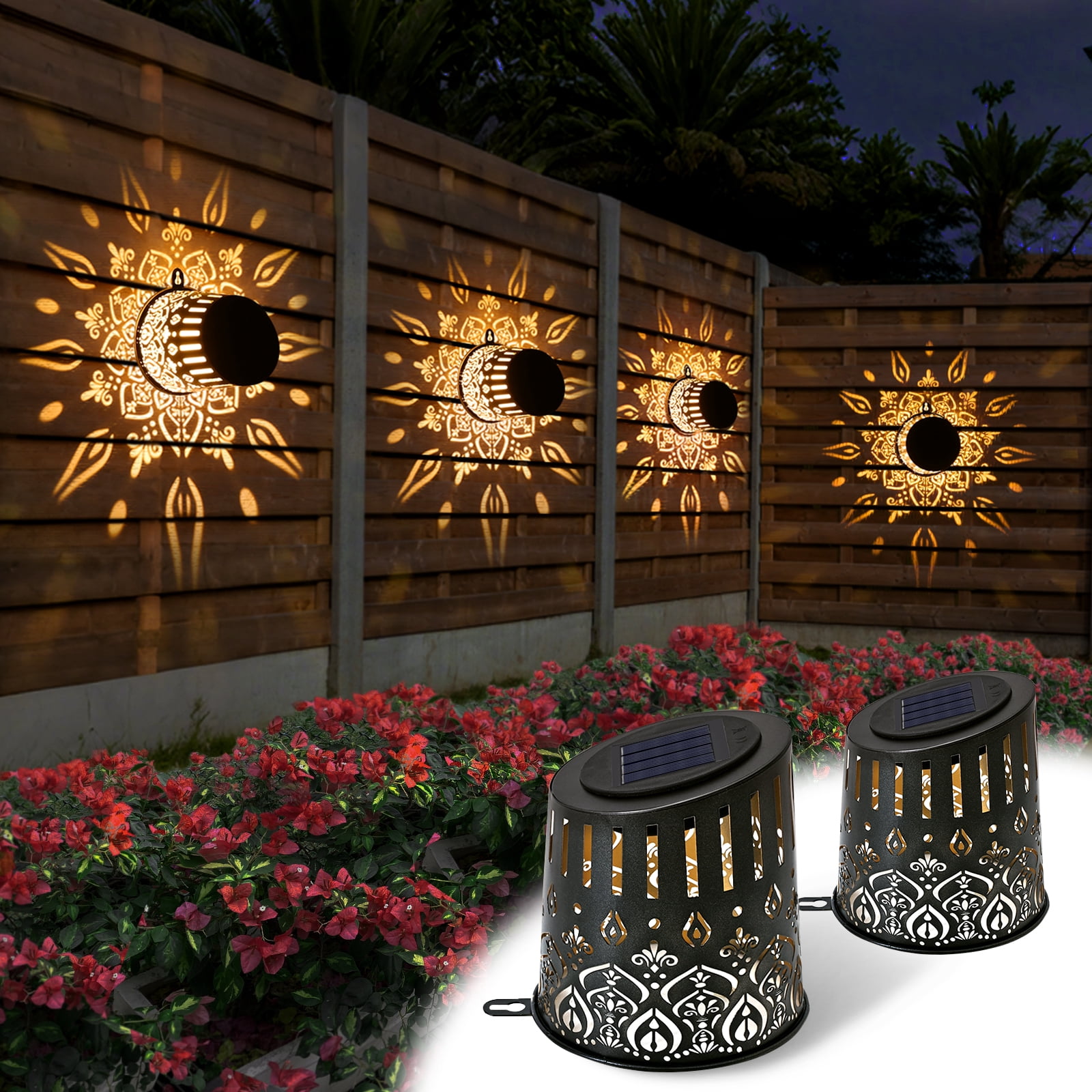 DAZLUTE Solar Fence Lights, Metal Outdoor Wall Light with IP65 Waterproof LED & Auto Sensor, Solar Powered Outsidelight Mandala Theme for Garden Backyard Patio Decor (2 Pack)