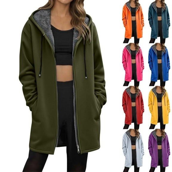 Shadoumai Fleece Lined Zip Up Long Hoodie Women Oversized Sharpa Long Pullover Hooded Sweatshirts Casual Long Sleeve Fall Jacket