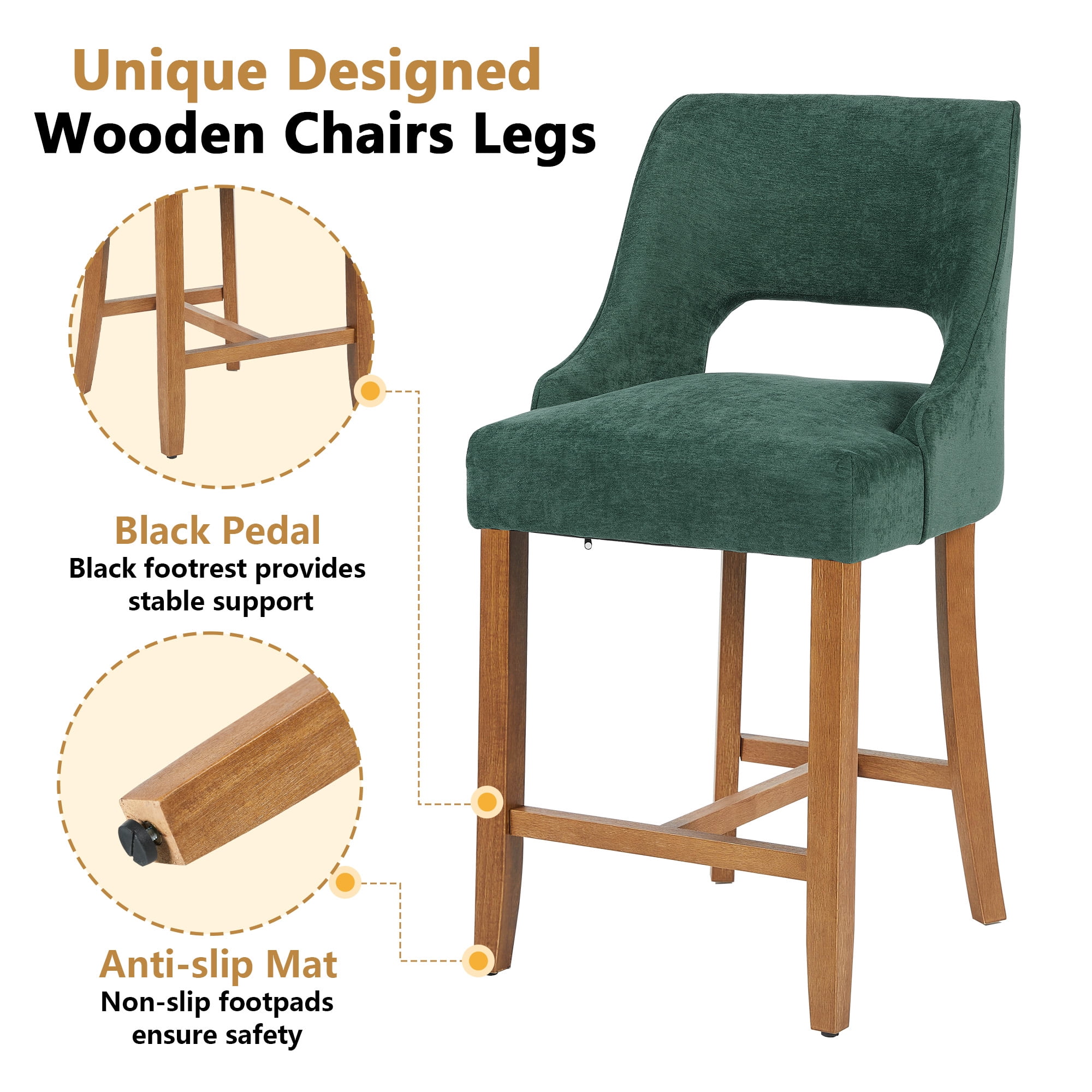 ClinQ Modern Counter Height Bar Stool Set of 1, Upholstered Seat with Back and Walnut H-Frame Footrest for Kitchen Island, Darkgreen