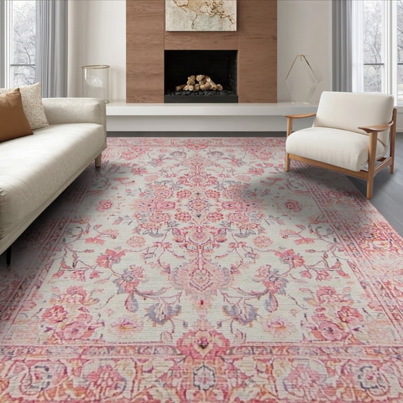ODIKA 6'x9' Washable Area Rug Pink Throw Vintage Scrolling Petal Border Decorative Variegated for Dining Room, Under Table, Office Décor, Non-Slip Chair-Friendly