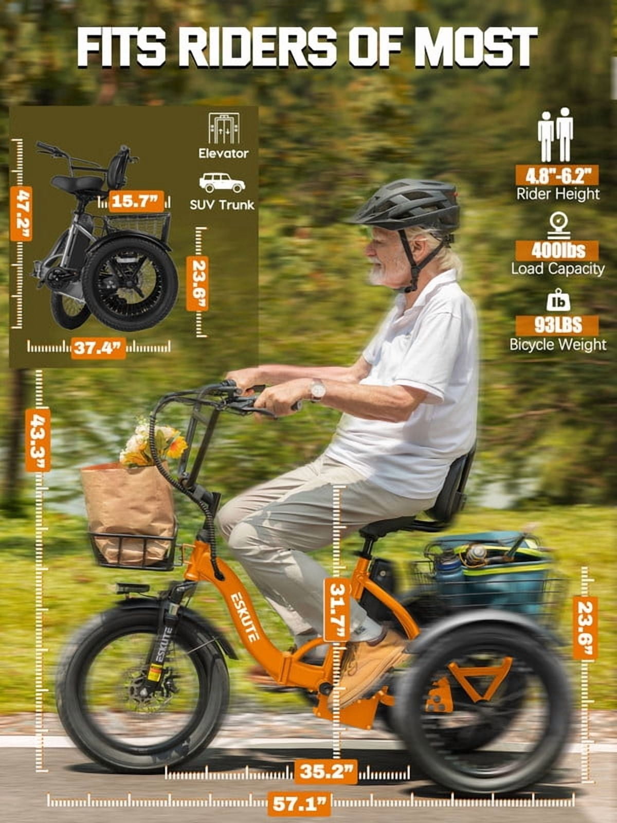 ESKUTE Electric Tricycle for Adults, 1200W Peak Motor, Up to 55 Miles Range, 624Wh Removable Battery, Folding 3-Wheel Ebike with 18x3.0 Fat Tires, Step-Through Orange, UL2849