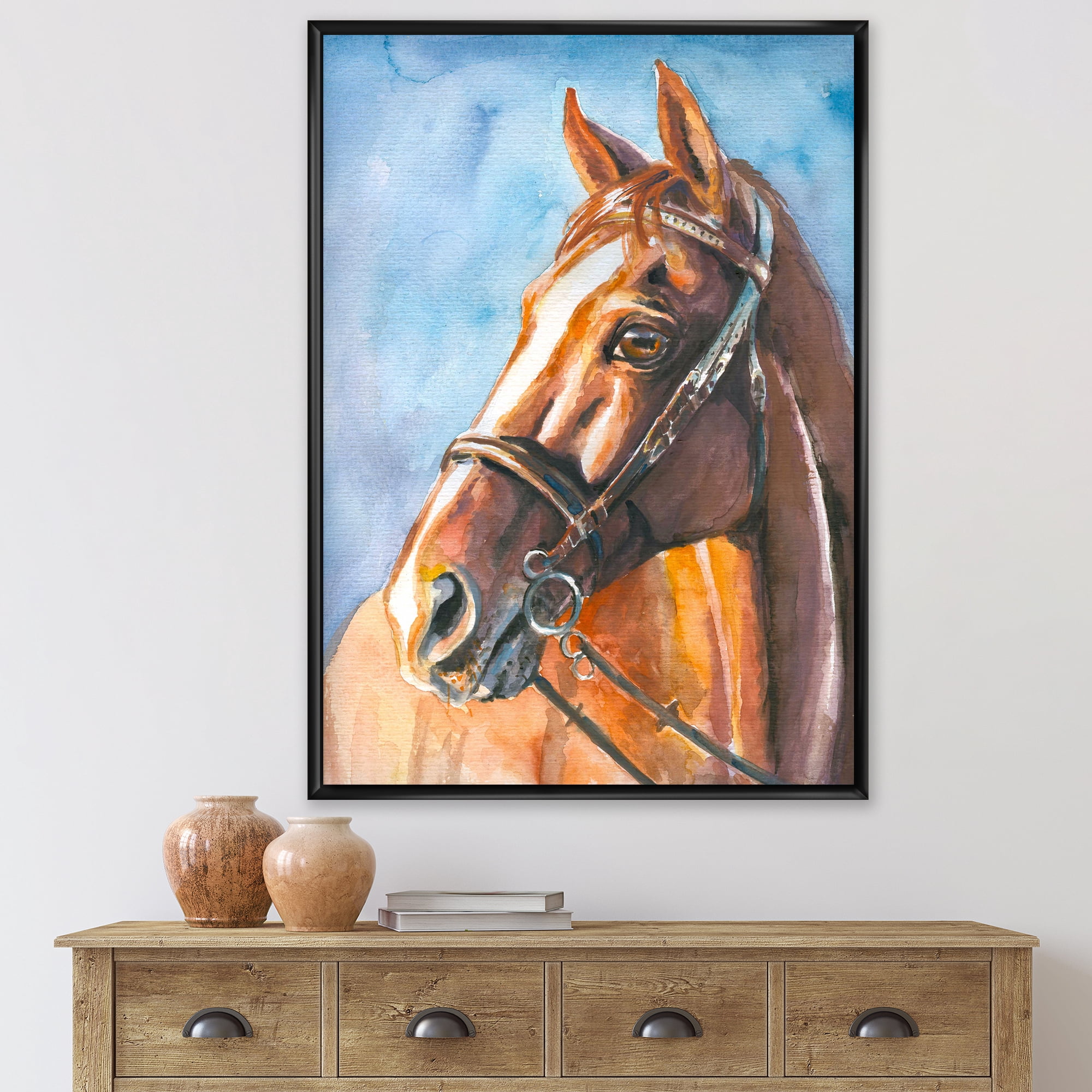 Designart 'Close Up Portrait of A Brown Horse' Farmhouse Framed Canvas Wall Art Print