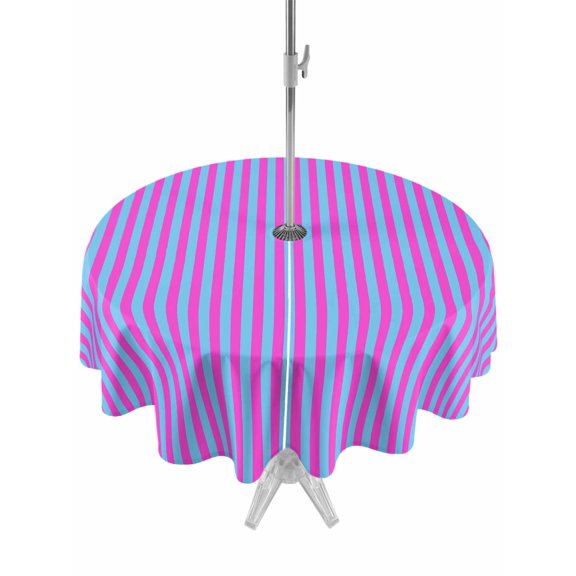Outdoor Tablecloth with Umbrella Hole and Zipper, Modern Blue Pink Stripes Round Waterproof Table Cover 60in Washable Table Cloth for Patio Picnic Party Abstract Vertical Striped