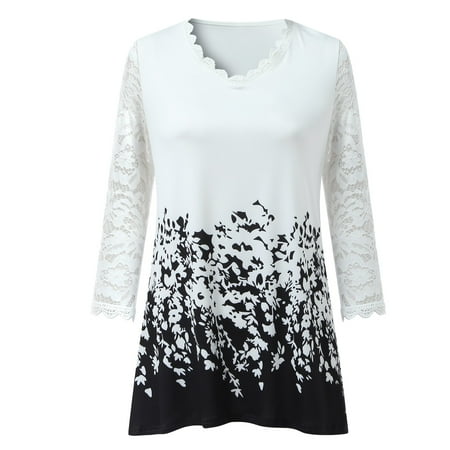 

Sayhi Sleeve Lace Flower Lace Print 7-point Splicing T-Shirt Loose Women s V-Neck Women s Blouse Softball Pajamas