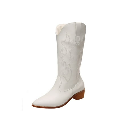 

Tenmix Women Retro Mid Calf Western Boot Riding Pointed Toe Cowgirl Boots Walking Non-Slip White 9
