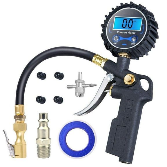 Digital Tire Pressure Gauge with Inflator, Air Compressor Accessories with Air Chuck Quick Connect Coupler, Car Attachments with Rubber Hose for Car, Truck, SUV, Cycle, RV, 250 PSI