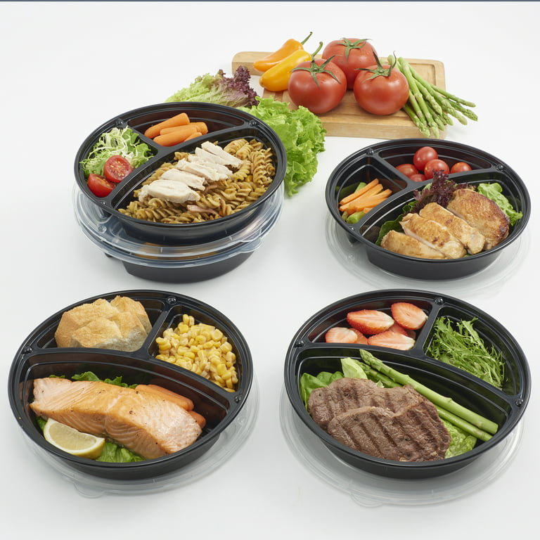 Mainstays 3-Compartment 1L Round Meal Prep Food Storage Container, 5 Pack, Size: One size, Black