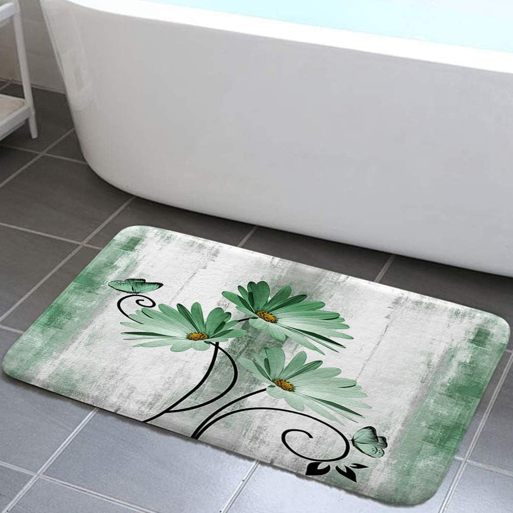 Rustic Farmhouse Bath Mat Set, Farm Greed Daisy Floral Flowers and Butterfly on Country Wooden Bathroom Mat Set with Non-Slip Bath Rug, Soft Toilet Lid Cover and Contour Mat, Turquoise Greed (Greed)