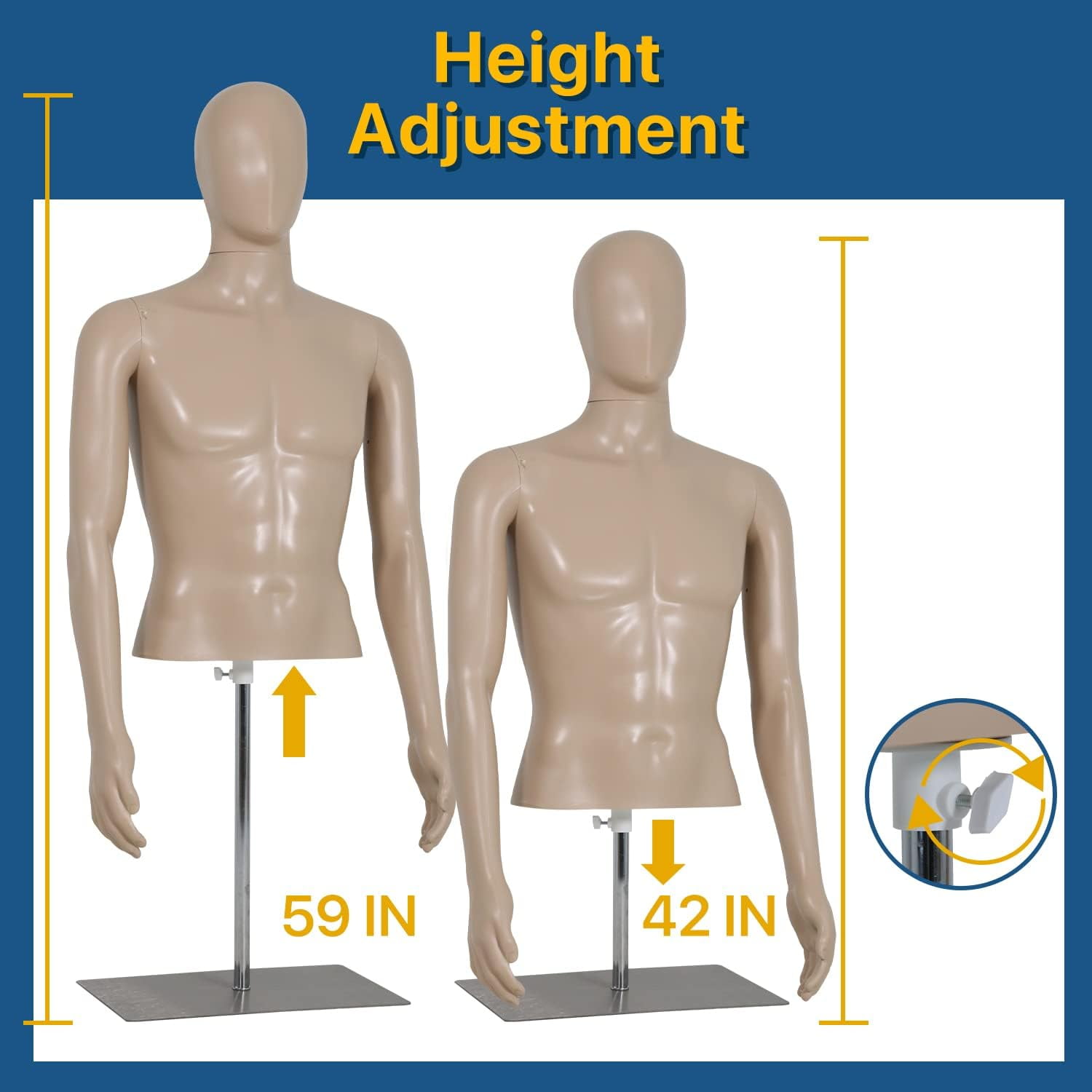 Male Mannequin 42-59 inch Adjustable Mannequin Torso Dress Form Model Sewing Manikin Detachable Mannequin Stand w/Metal Base