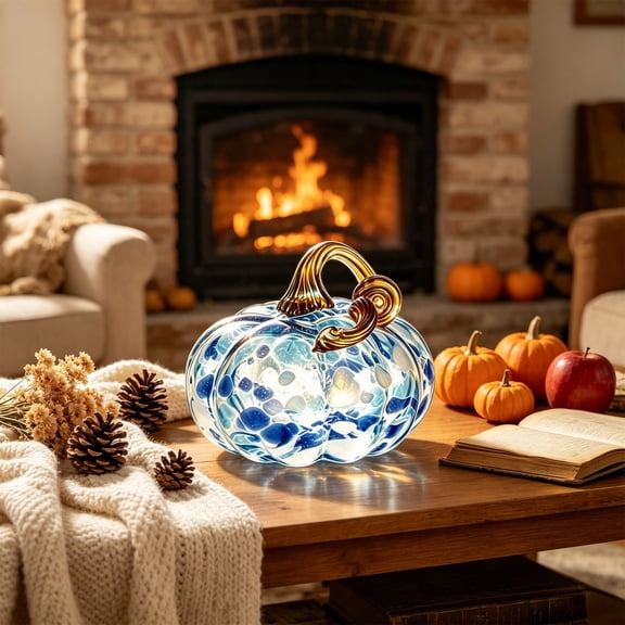 Blue Spotted Glass Pumpkin Ornament, Hand Blown Decorative Pumpkin, Artistic Tabletop Accent for Fall Thanksgiving Halloween, Mantel Shelf Office Dining Room Home Decor