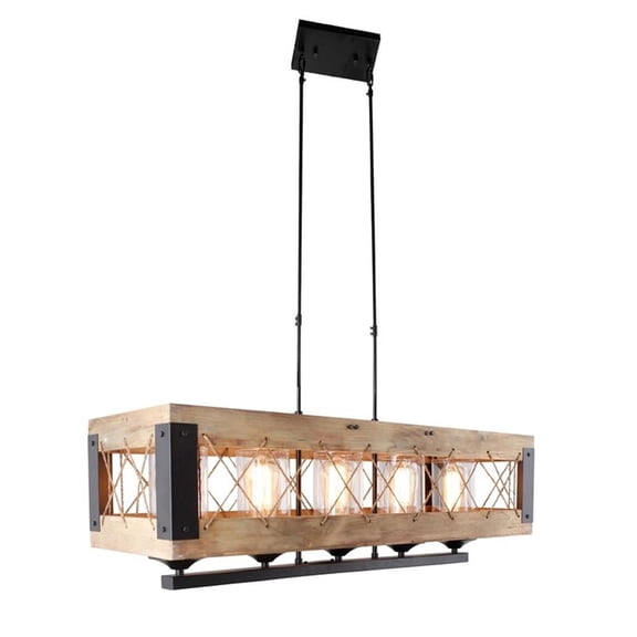 Hoss 5-Light Fixture with Clear Glass and Jute/Solid Wood/Black Iron Frame