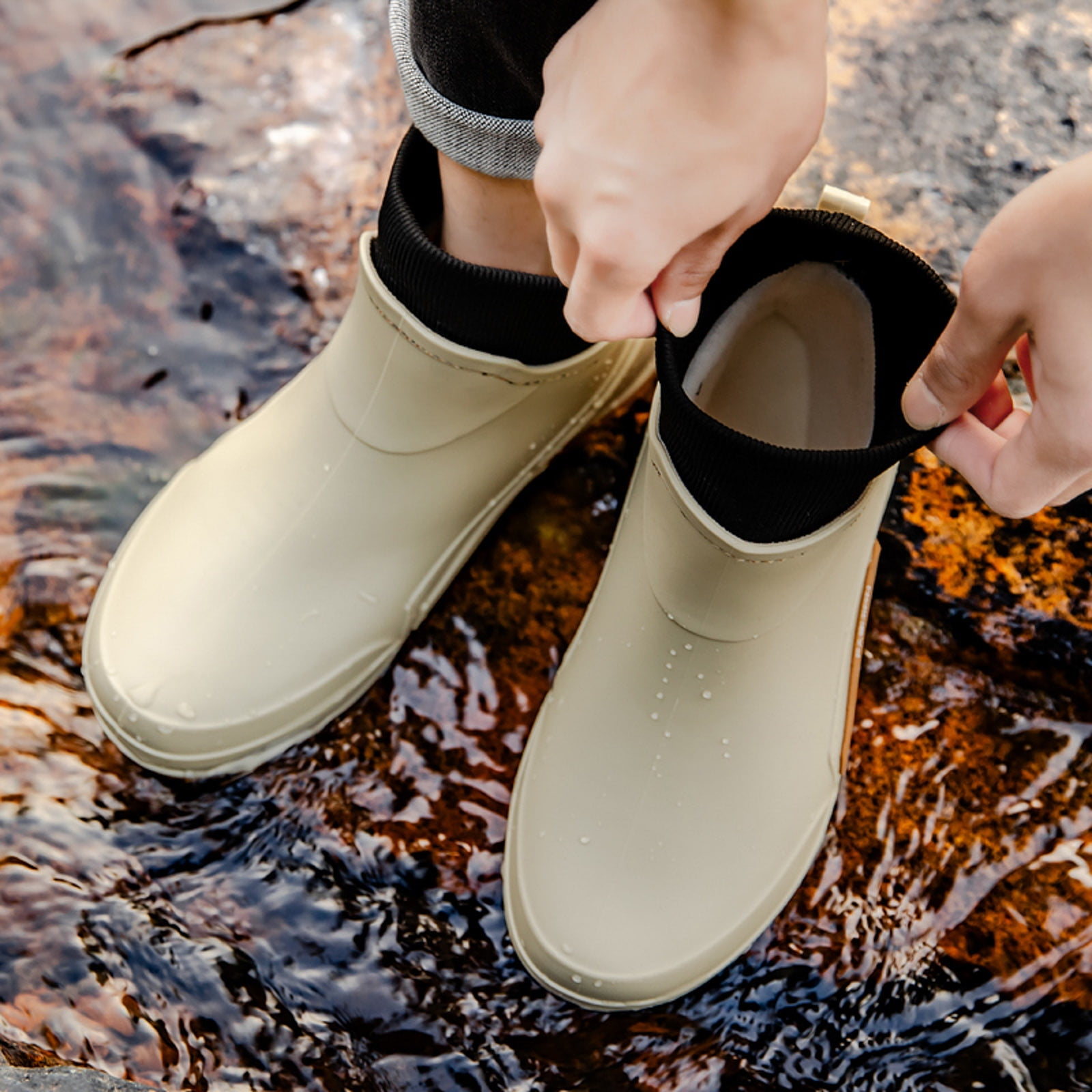 Pandaie Women's Deck Boots Waterproof Ankle Rain Boots Outdoor Fishing Garden Shoes Lightweight Anti Slip Work Rainboots Booties Beige 9.5