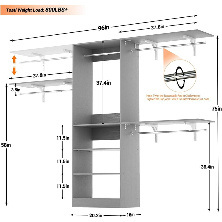 Homieasy 96'' Closet System with 3 Shelving Towers, 8FT Closet Organizer  with Storage Shelves and Hanging Rods for Walk-in Closet, Bedroom, Gray -  Walmart.com