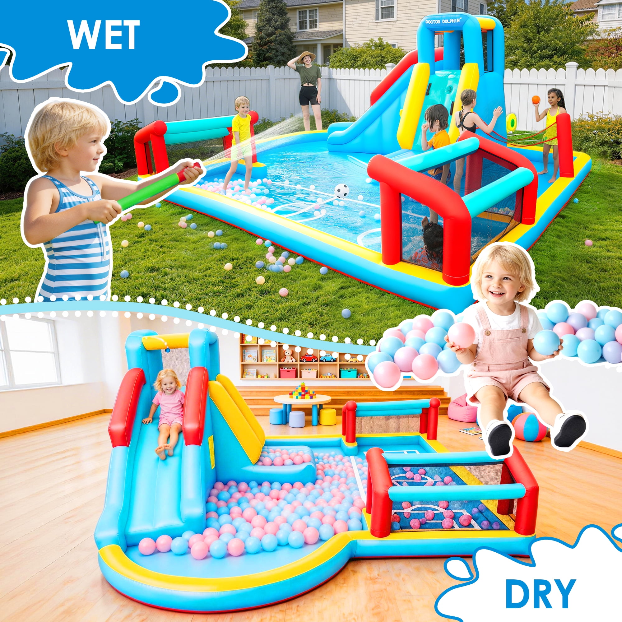 Inflatable Water Slide, Inflatable Bounce House for Kids, Climbing Wall, Jumping Area, Football Goal, Volleyball Net, Indoor & Outdoor, Age 3+