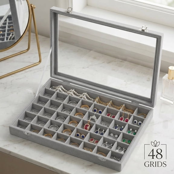 48 Grid Jewelry Tray with Glass Lid,Flat Jewelry Organizer Box for Earrings Rings Studs,Vanity Drawer Storage Insert,Gray Color