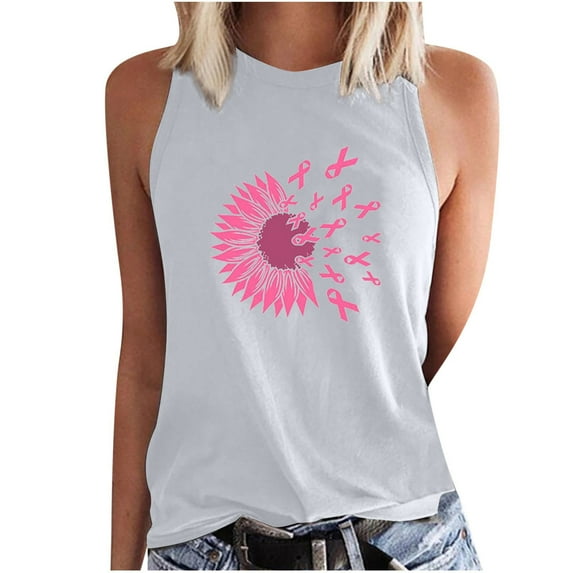 DTBPRQ Women's Breast Cancer Tshirt Sleeveless Round Neck Fighting Pink Ribbon Breast Cancer Awareness Racerback Tank Top