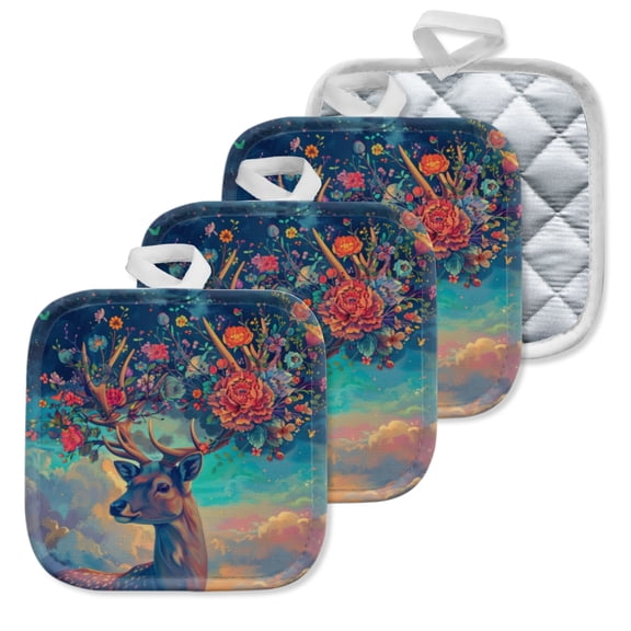 4 Pack Pot Holders,Kitchen Essential, Potholder Set,Deer With Antlers Adorned By A Bouquet Of Flowers