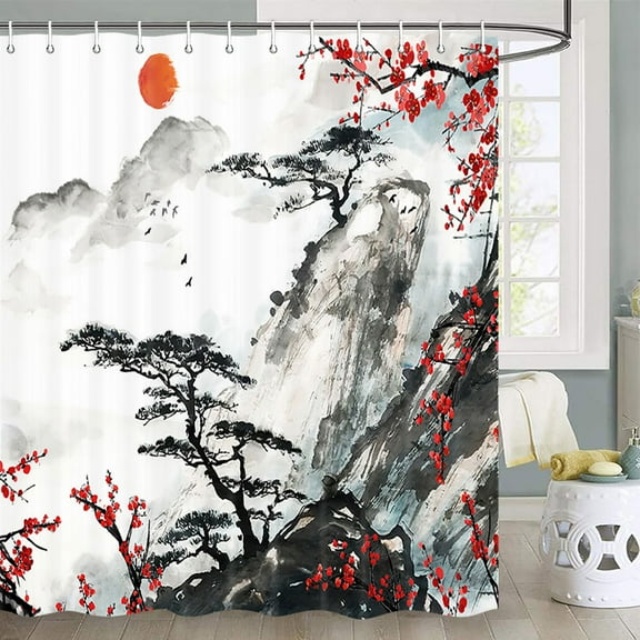 Japanese Shower Curtain, Cherry Blossom Shower Curtain, Asian Japanese Shower Curtain for Bathroom, Nature Landscape Shower Curtains Set with Hooks,72X72inch