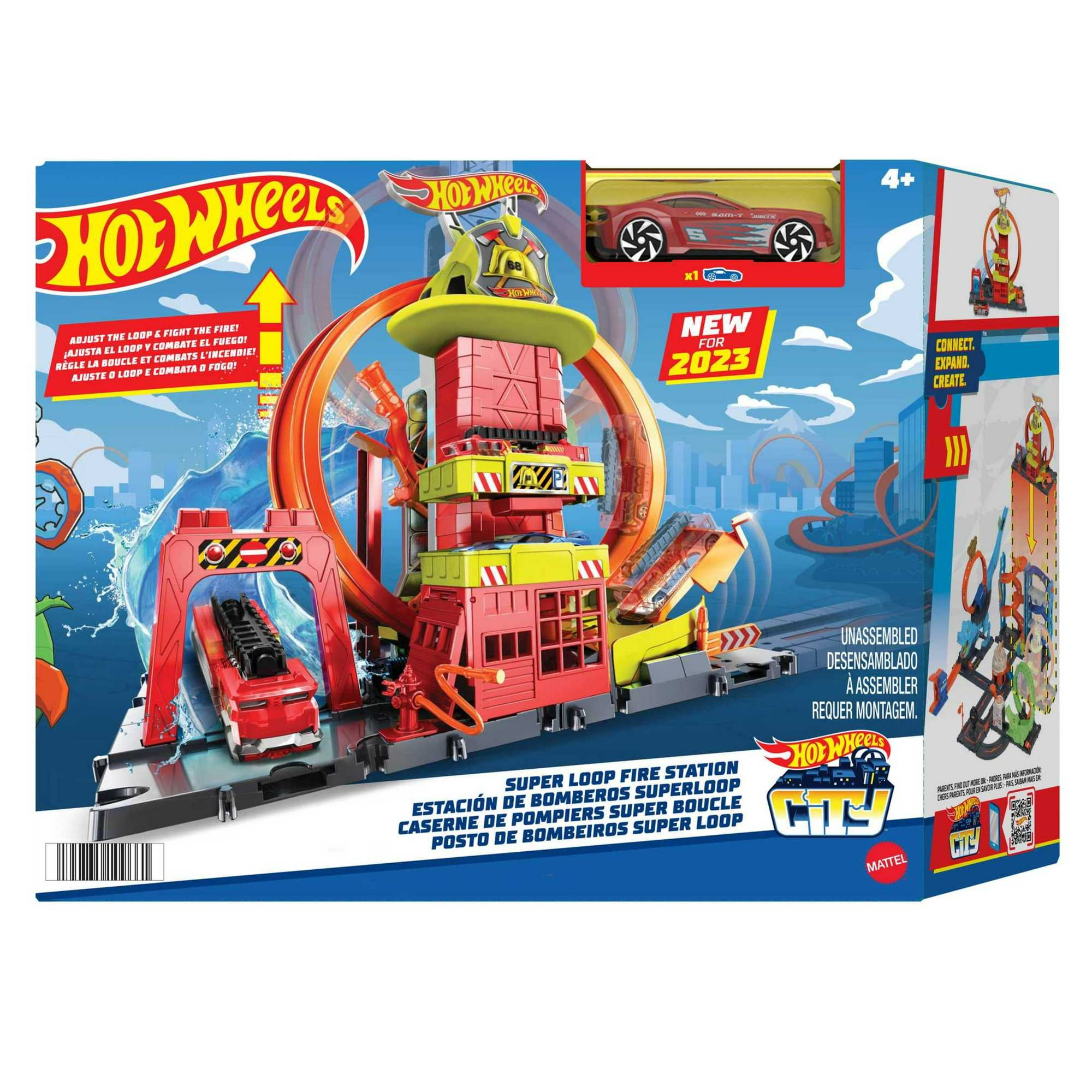 Hot Wheels City Super Loop Fire Station Playset & 1 Toy Firetruck in 1:64 Scale