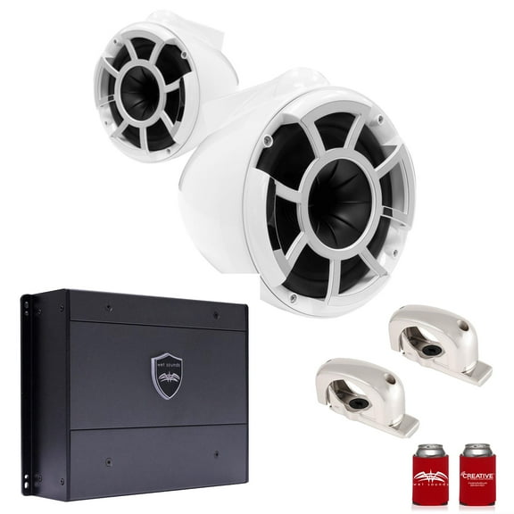 Wet Sounds REV8W-FMINI 8" White Tower Speakers with Stainless Steel Fixed Mini Clamps & SYN-DX2 750 Watt Amplifier