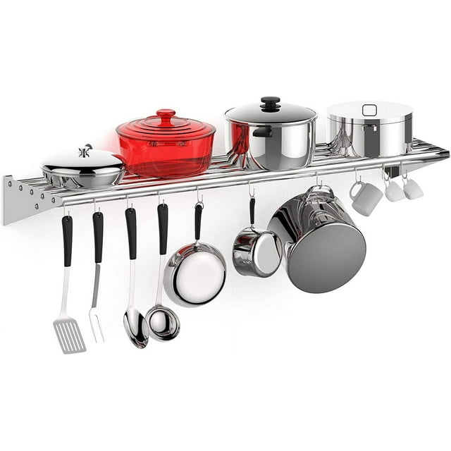 Yiwa Kitchen Storage Rack and Organization, Stainless Steel Metal Wall Shelf with 10 S Hooks