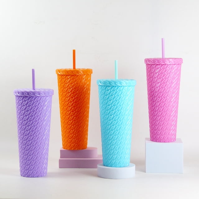 Vaso con Textura cadena doble pared 700 ml con popote Morado