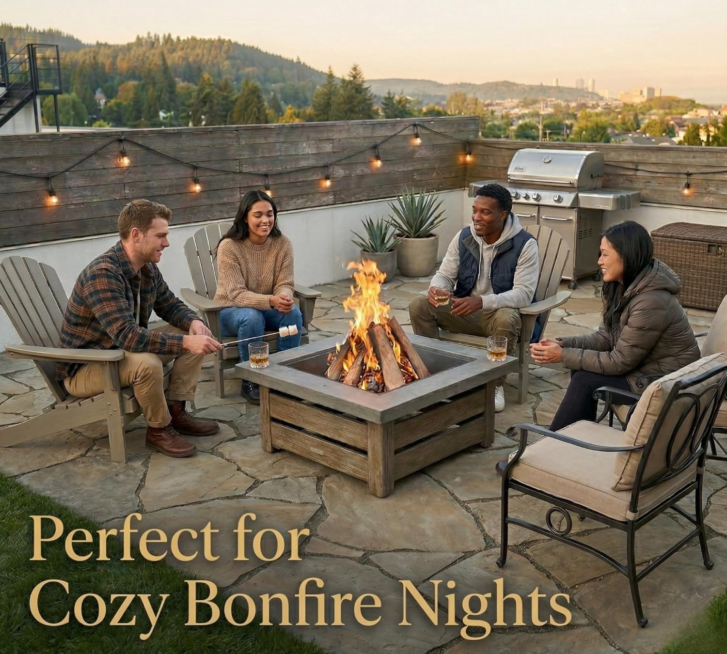 34" Wood Burning Fire Pit, Outdoor Fire Pit Table for  Backyard Garden, Large Square Fire Pit for Outside, Metal Firepit with Removable Lid, Mesh Cover, Poker